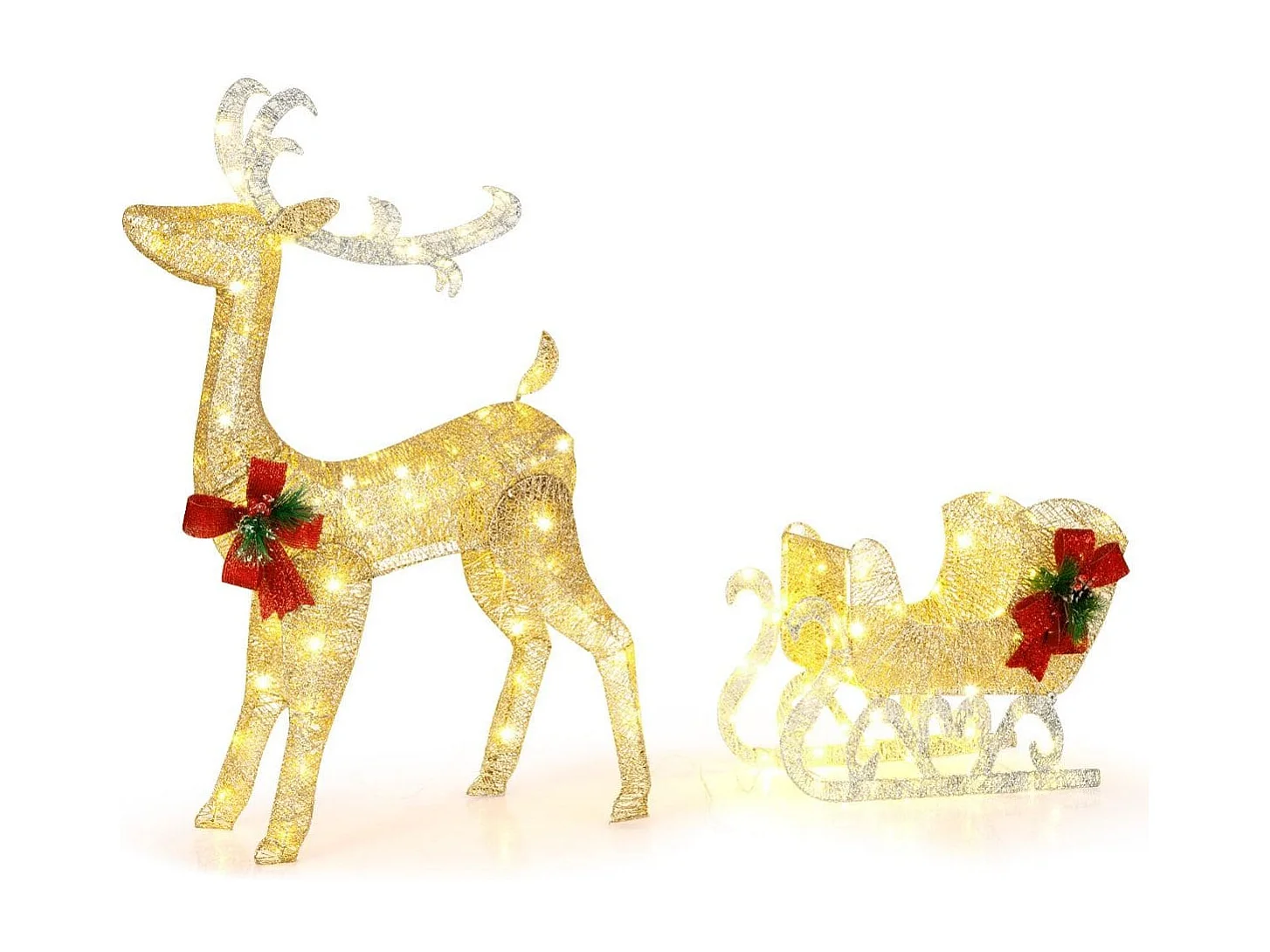 Beleuchtetes Weihnachts-Rentier mit Schlitten Vorbeleuchtete Weihnachtsdekoration 81,5 x 37 x 121,5 cm Golden