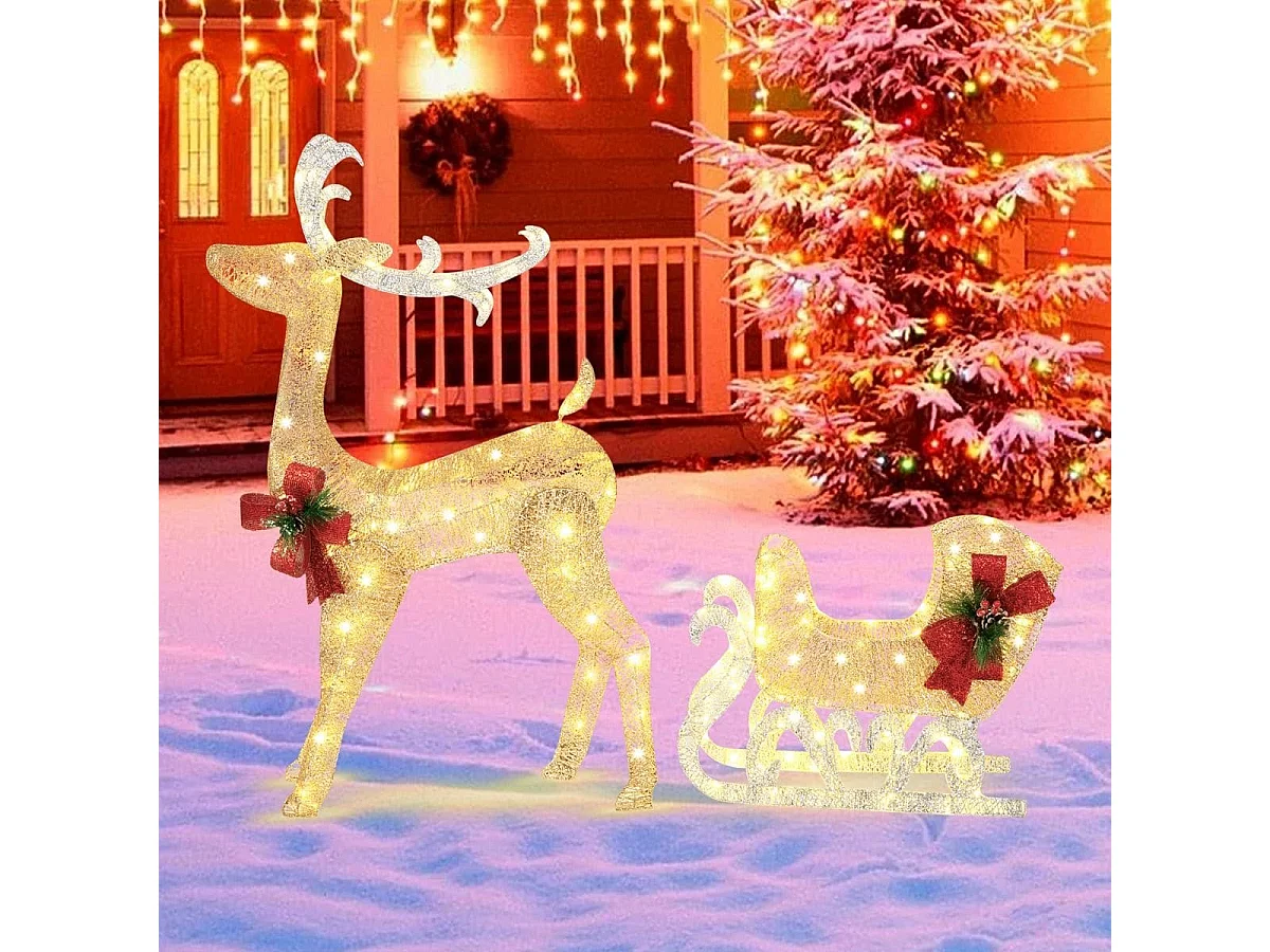 Beleuchtetes Weihnachts-Rentier mit Schlitten Vorbeleuchtete Weihnachtsdekoration 81,5 x 37 x 121,5 cm Golden
