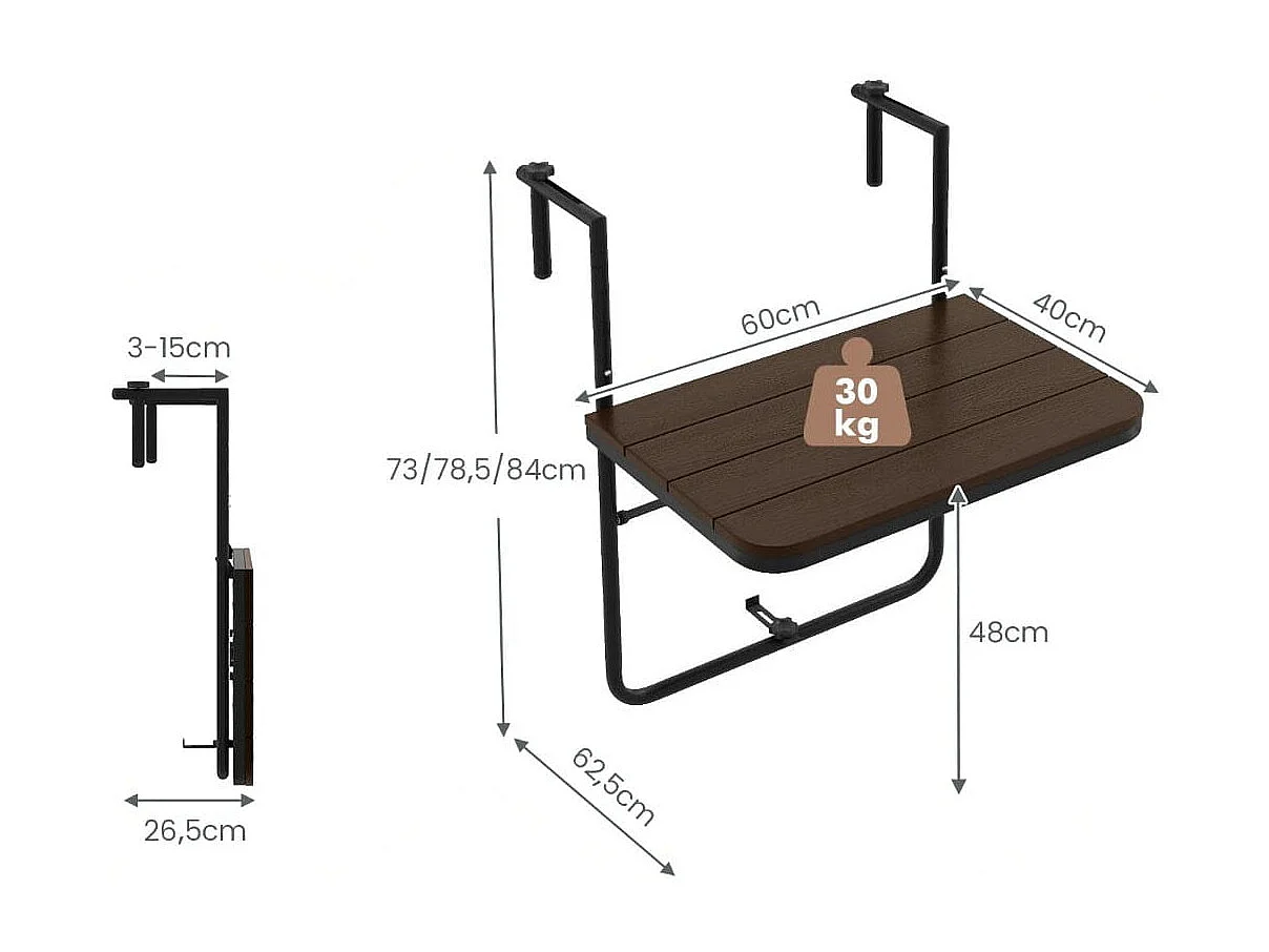 Balkontisch zum Einhängen mit 3-stufig Verstellbarer Höhe Klappbarer Geländertisch Kaffee