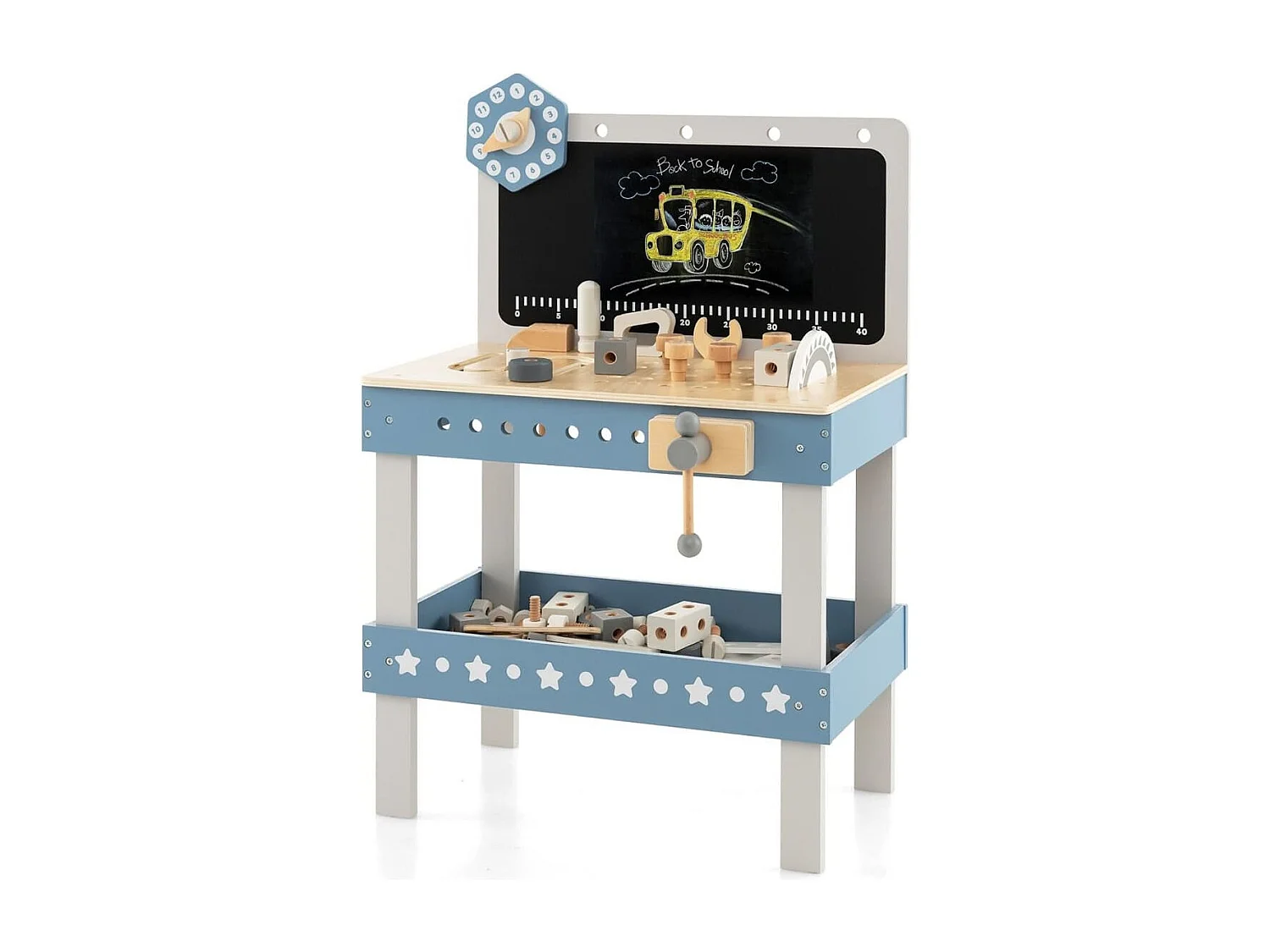 Set banco da lavoro per bambini in legno con 61 attrezzi e parti, Tavolo da lavoro per bambini 3+ anni Blu