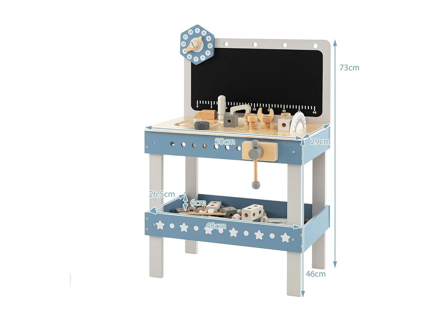 Set banco da lavoro per bambini in legno con 61 attrezzi e parti, Tavolo da lavoro per bambini 3+ anni Blu