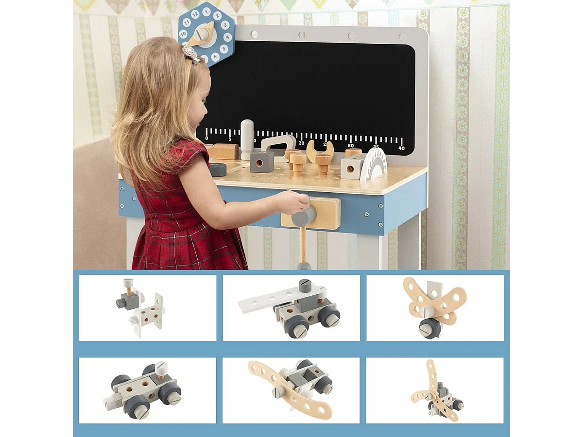 Set banco da lavoro per bambini in legno con 61 attrezzi e parti, Tavolo da lavoro per bambini 3+ anni Blu