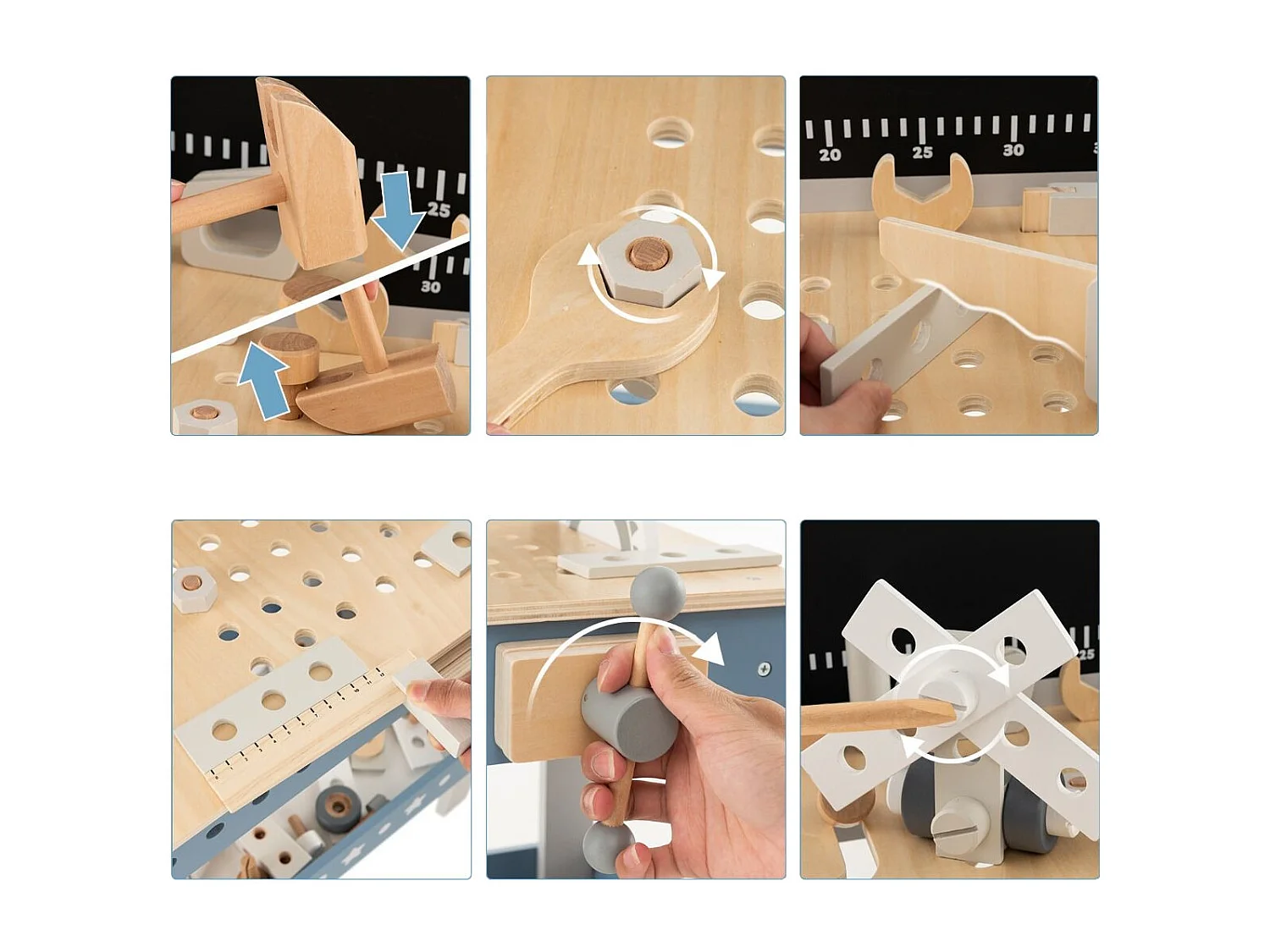 Set banco da lavoro per bambini in legno con 61 attrezzi e parti, Tavolo da lavoro per bambini 3+ anni Blu