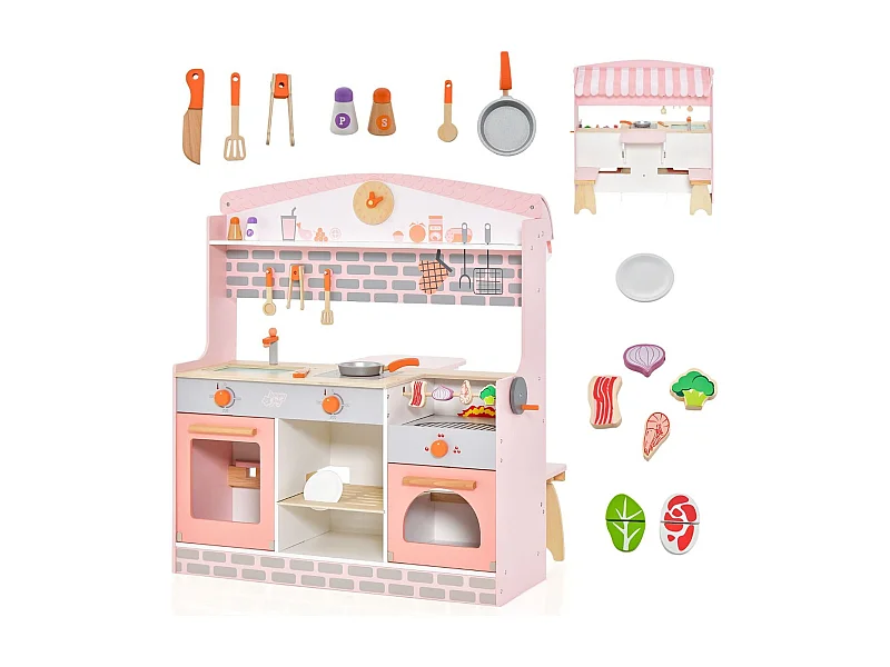 Cucina e ristorante per bambini con forno fornello barbecue tenda regolabile, Cucina giocattolo a doppia faccia