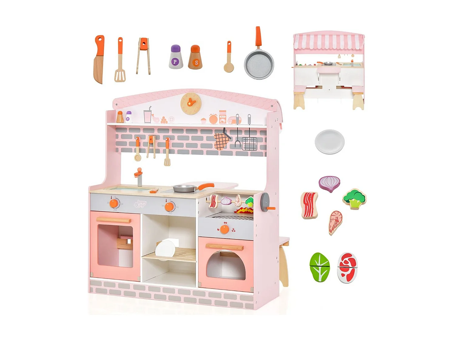 2 in 1 Kinderküche mit Herd & Backofen & Grill & Verstellbarem Baldachin Doppelseitige Spielküche