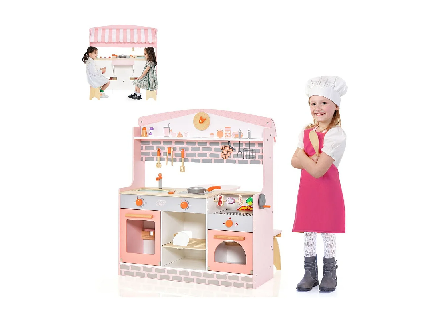 2 in 1 Kinderküche mit Herd & Backofen & Grill & Verstellbarem Baldachin Doppelseitige Spielküche
