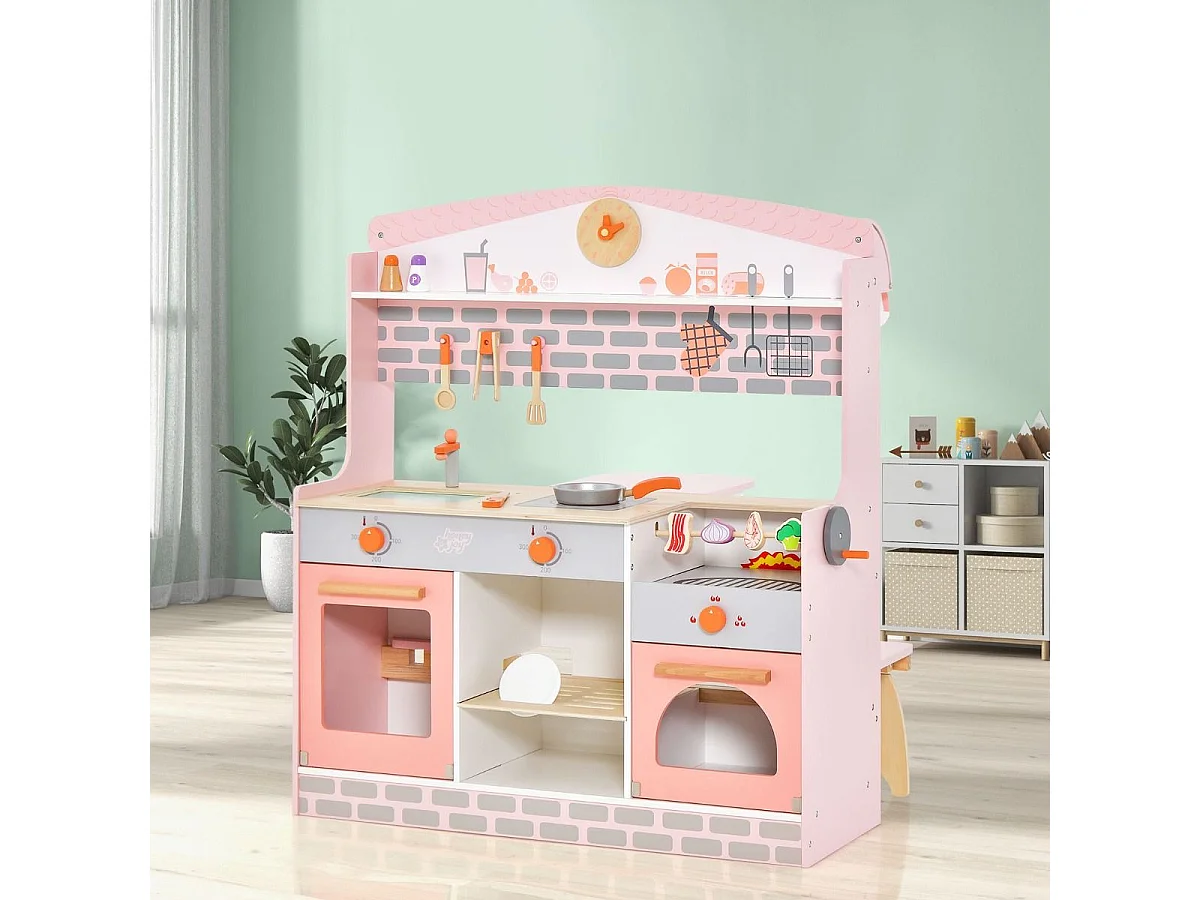 2 in 1 Kinderküche mit Herd & Backofen & Grill & Verstellbarem Baldachin Doppelseitige Spielküche