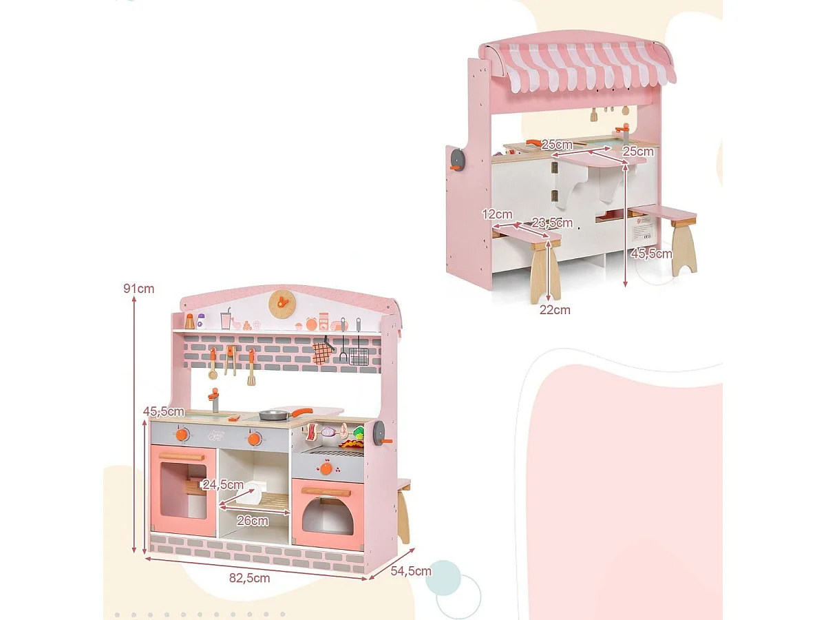 2 in 1 Kinderküche mit Herd & Backofen & Grill & Verstellbarem Baldachin Doppelseitige Spielküche