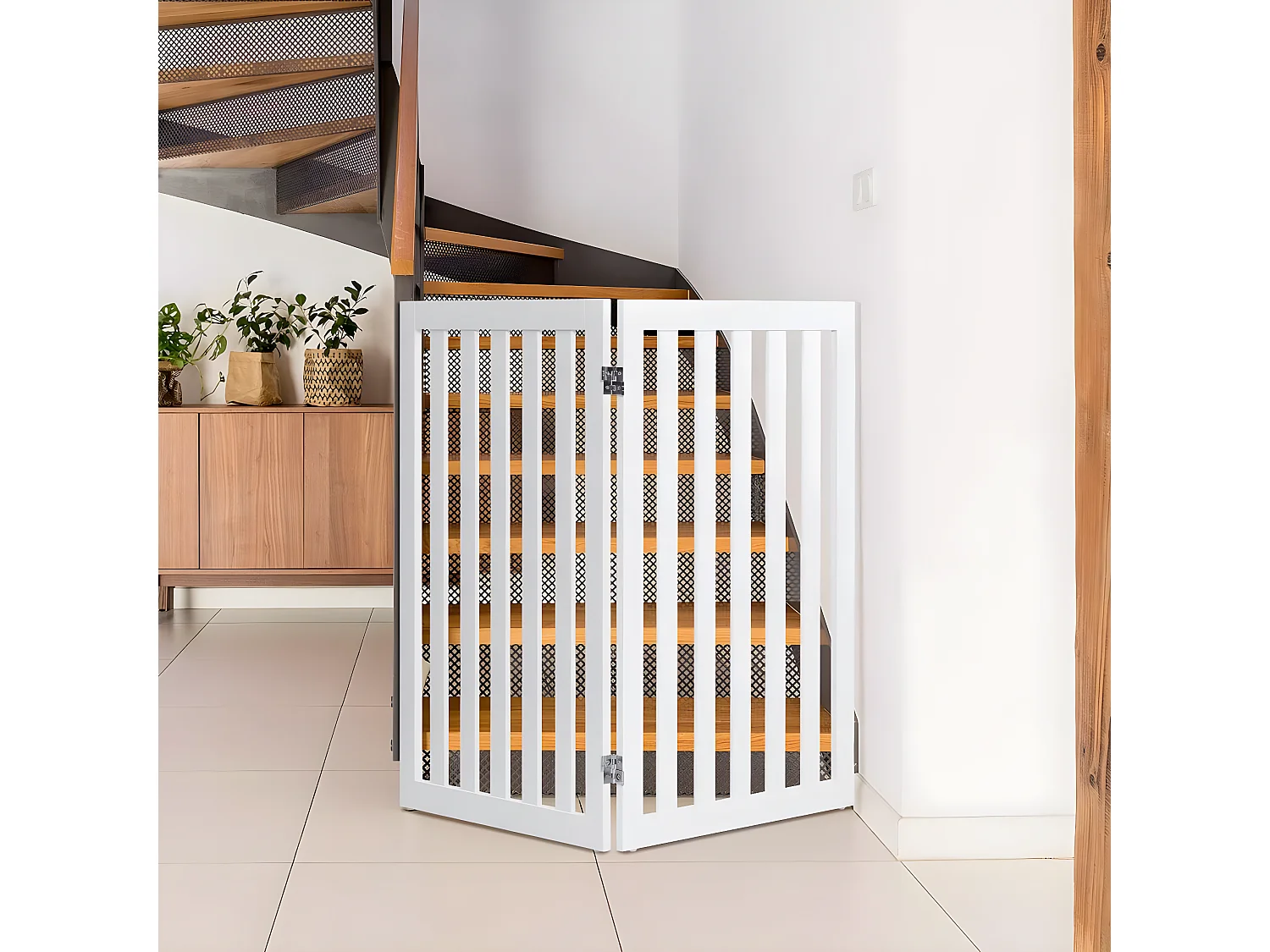 Absperrgitter Hunde 89cm Hoch, Schutzgitter Holz, Kindergitter klappbar, Treppengitter Hundeabsperrgitter flexibel Türschutzgitter (Weiß-2 Paneelen) BE9381