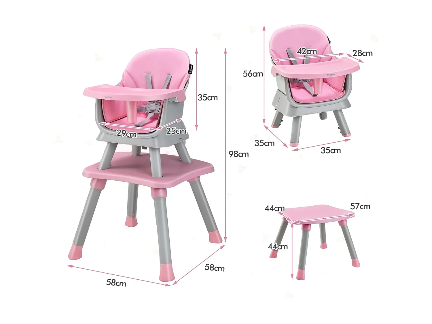 6-in-1 Babyhochstuhl Hochstuhl & Essstuhl & Lerntisch & Bausteintisch 58 x 58 x 98 cm Rosa