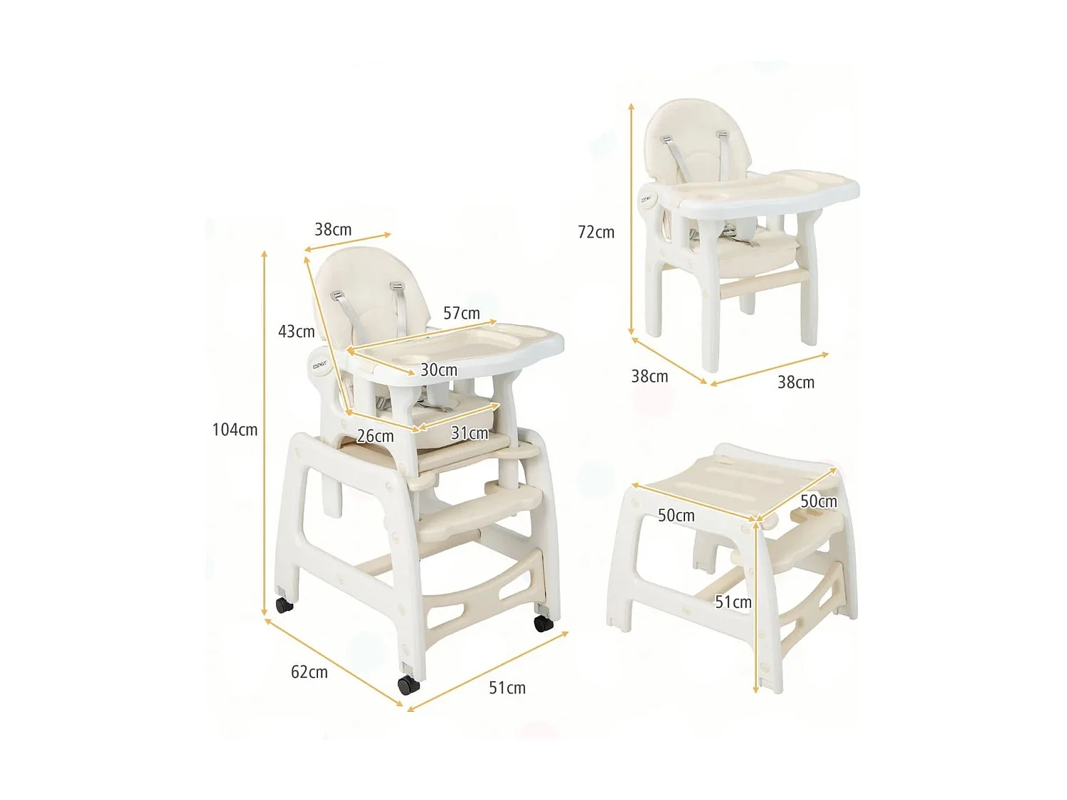 3 in 1 Babystuhl Hochstuhl & Essstuhl & Kindersitzgruppe 62 x 51 x 104 cm Beige