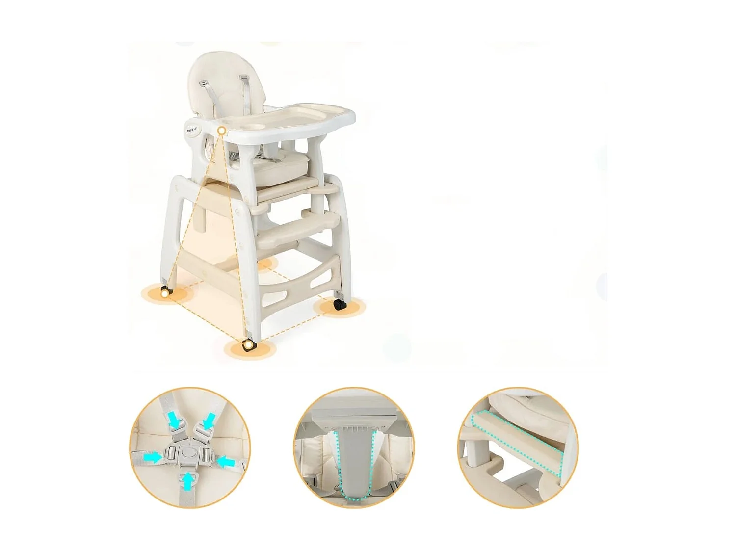 3 in 1 Babystuhl Hochstuhl & Essstuhl & Kindersitzgruppe 62 x 51 x 104 cm Beige