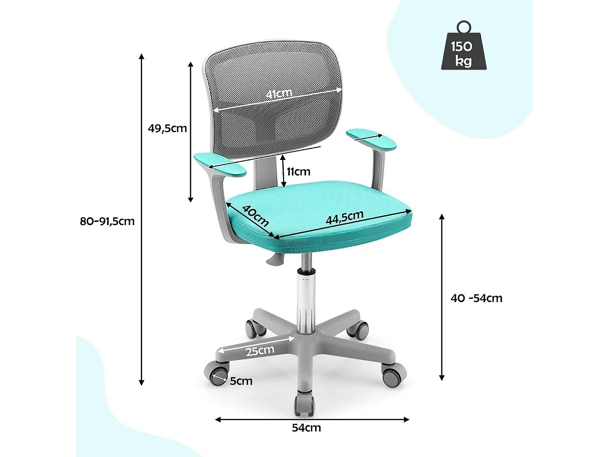 Kinder-Schreibtischstuhl Kinder-Computerstuhl mit Einstellbarer Höhe Türkis