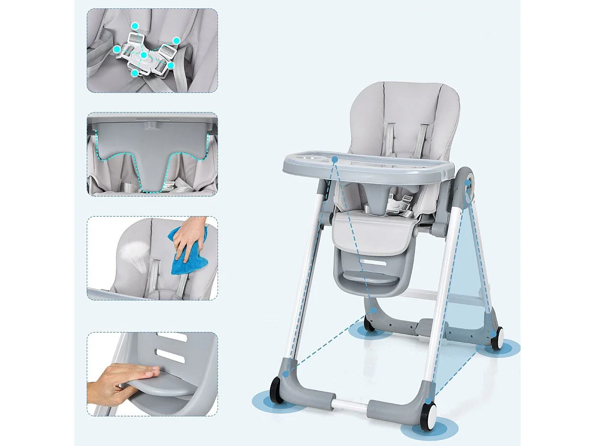 4 in 1 Baby Hochstuhl Kinderhochstuhl klappbar Babystuhl mit Liegefunktion 84 x 56 x 104 cm Grau