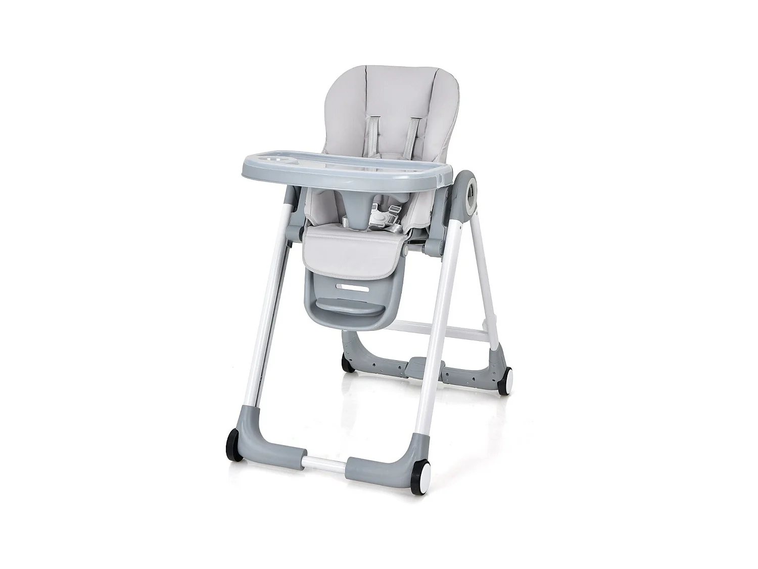 Chaise Haute Pliante à Roulettes pour Bébé Frein en Une Étape Doubles Plateaux Amovibles Coussin Amovible Accoudoirs Rabattables Hauteur Réglable Gris