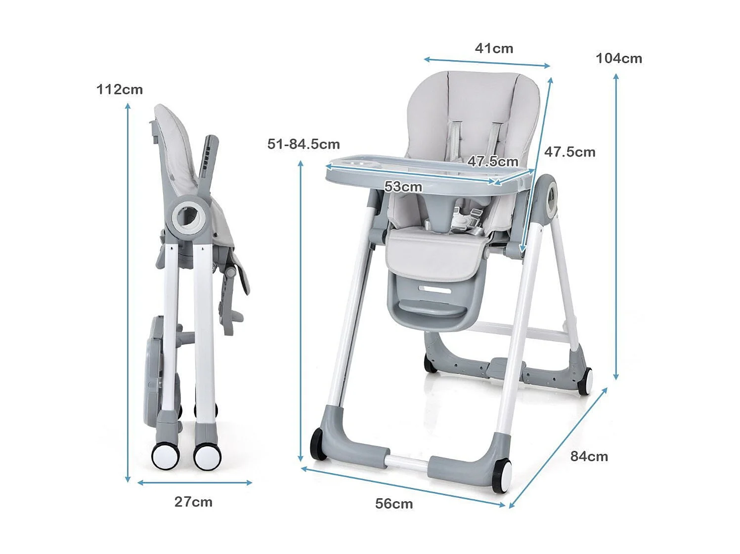 4 in 1 Baby Hochstuhl Kinderhochstuhl klappbar Babystuhl mit Liegefunktion 84 x 56 x 104 cm Grau