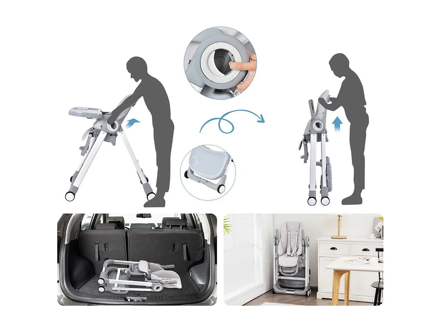 4 in 1 Baby Hochstuhl Kinderhochstuhl klappbar Babystuhl mit Liegefunktion 84 x 56 x 104 cm Grau