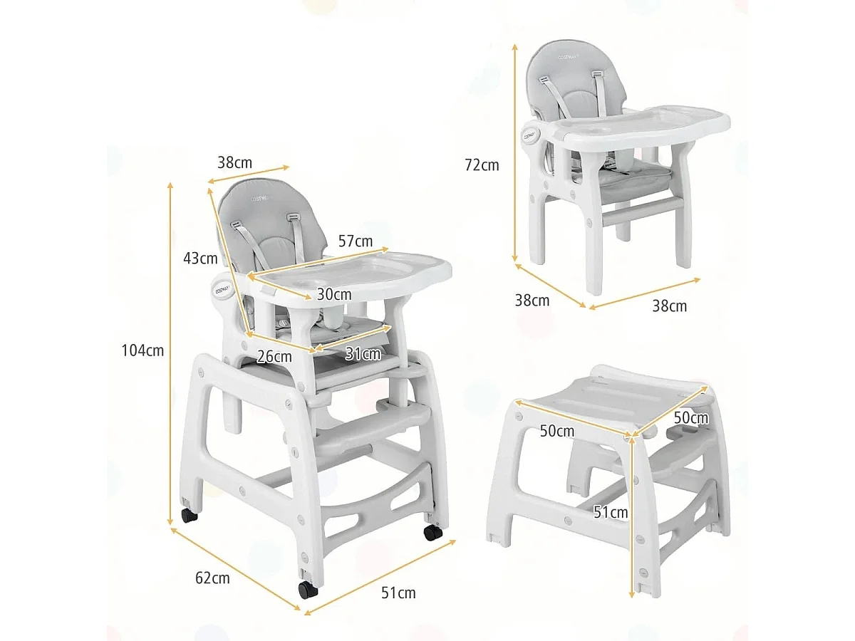 3 in 1 Babystuhl Hochstuhl & Essstuhl & Kindersitzgruppe 62 x 51 x 104 cm Grau