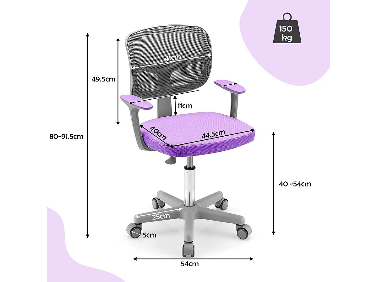 Kinderschreibtischstuhl 360° Drehbar Jugendstuhl 80-91,5cm Höhenverstellbar 54 x 50 x 80-91,5 cm Violett