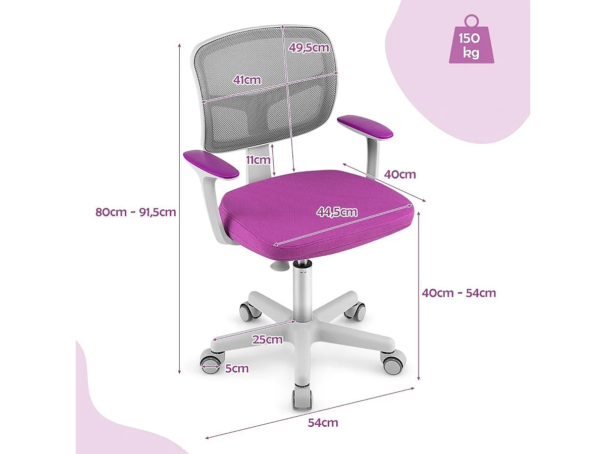 Sedia per scrivania per bambini con altezza regolabile, Sedile girevole a rete Porpora