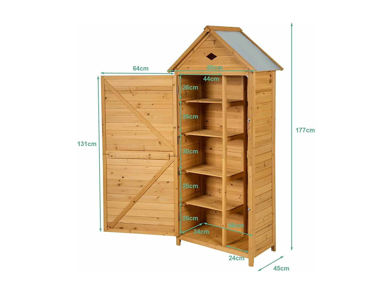 Gartenschrank mit Satteldach Gerätehaus Holz Geräteschuppen Werkzeugschrank Holz Geräteschrank 177x80x45cm, für Außenbereich Garten Balkon