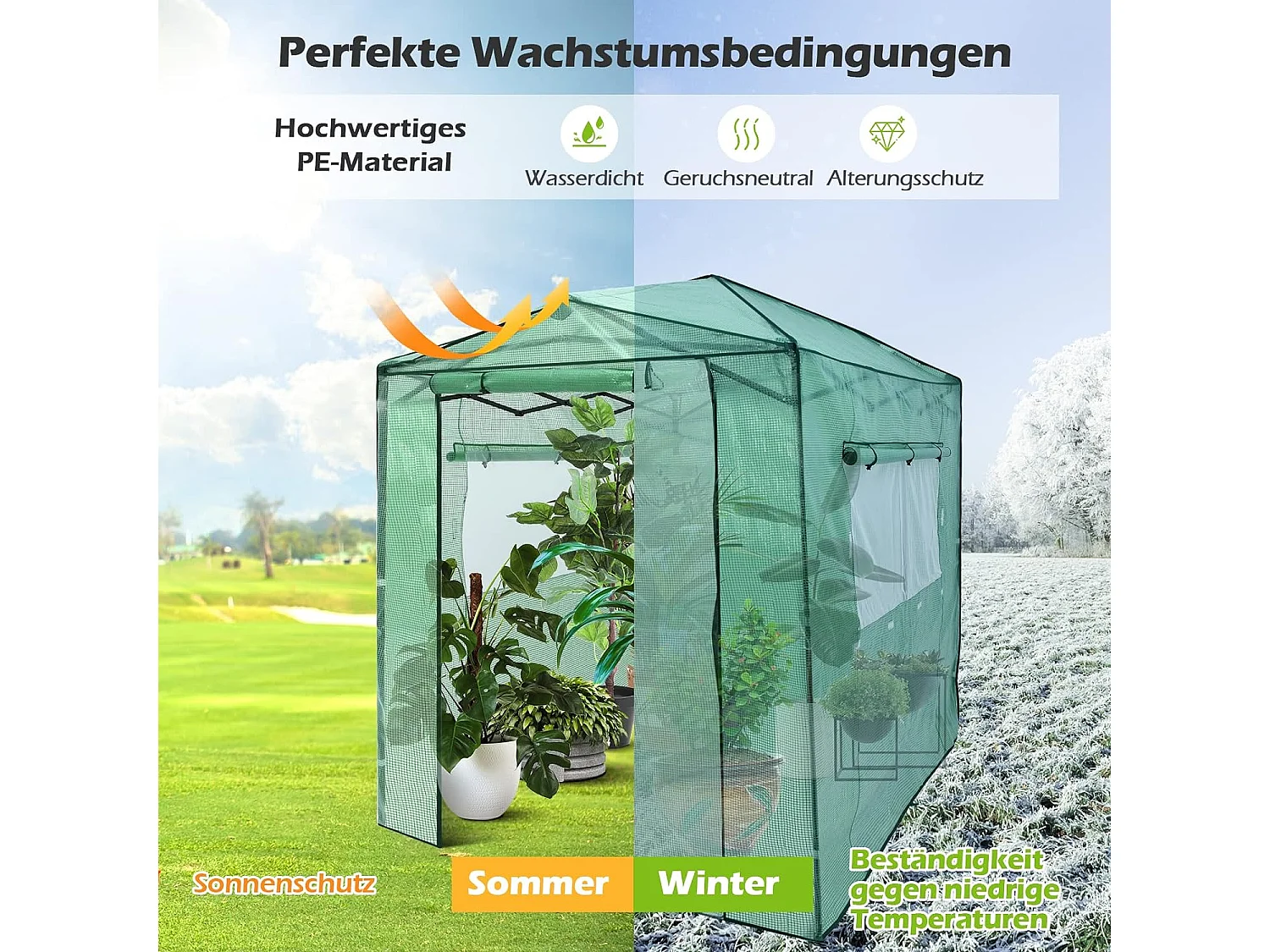 Gewächshaus mit aufrollbaren Tür