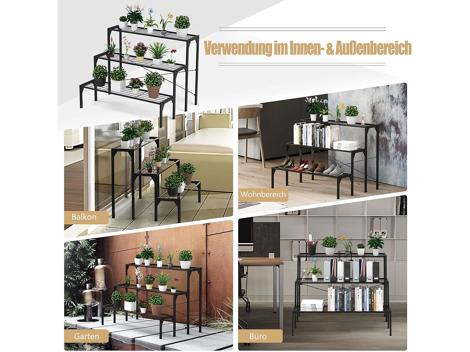 3-stufiger Metall Blumentreppe Blumenregal Pflanzenständer Pflanzenregal Metallkonstruktion Metall