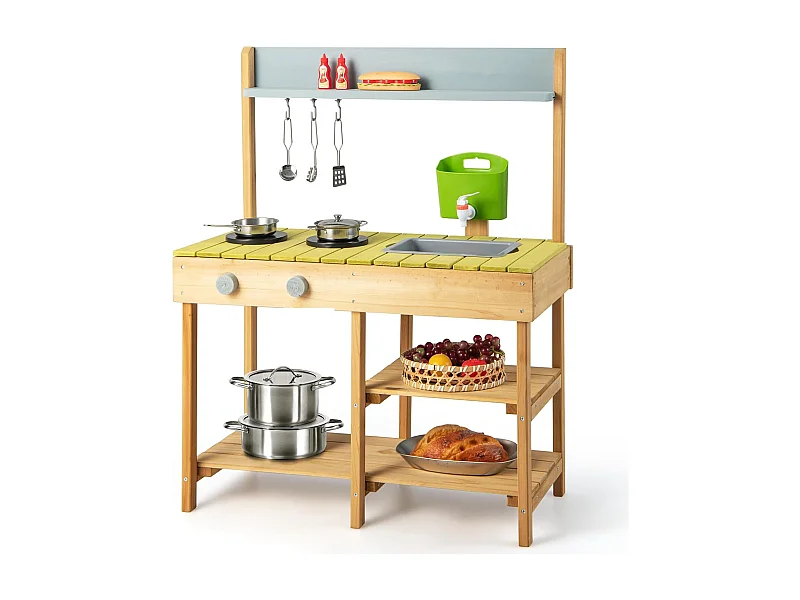 Matschküche Outdoor, Kinderküche Holz mit Wasserfunktion, Spielküche mit Haken & Abnehmbarem Regal, Gartenküche Geschenke für Kinder ab 3 Jahren