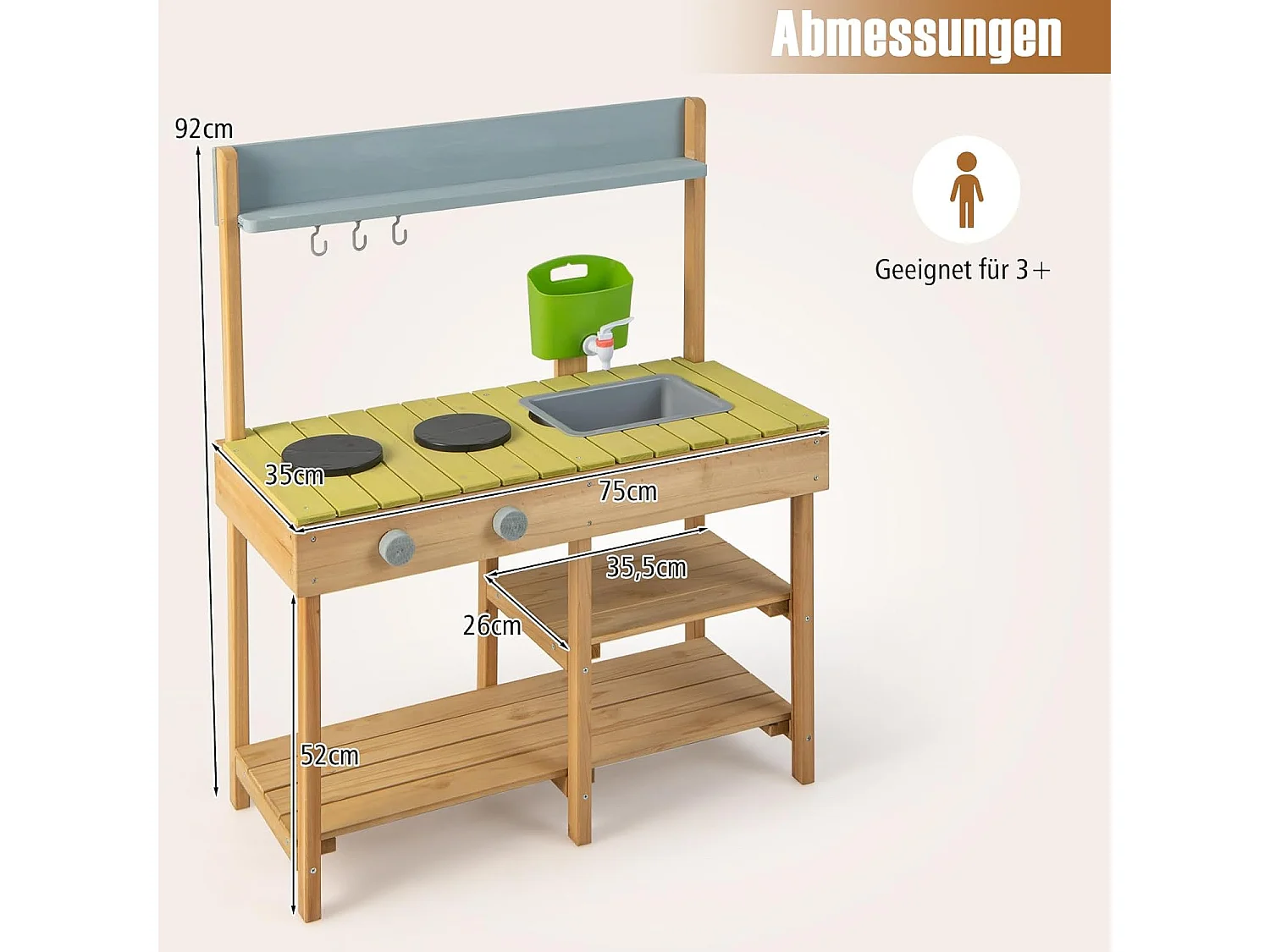 Matschküche Outdoor, Kinderküche Holz mit Wasserfunktion, Spielküche mit Haken & Abnehmbarem Regal, Gartenküche Geschenke für Kinder ab 3 Jahren