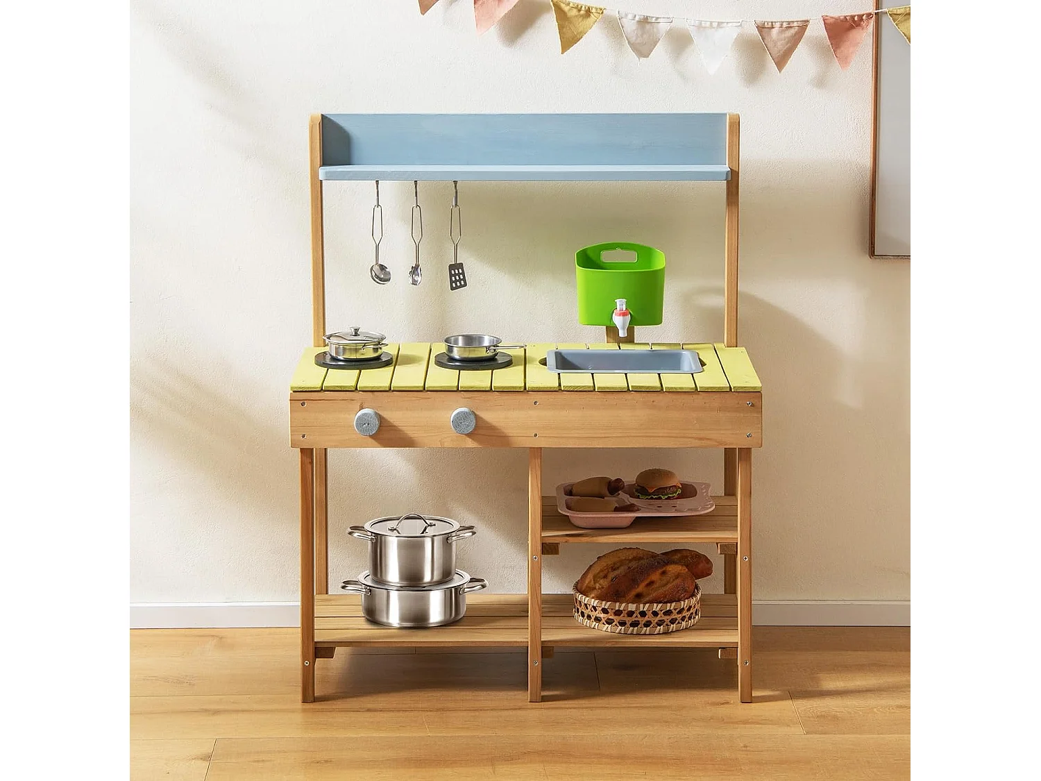 Matschküche Outdoor, Kinderküche Holz mit Wasserfunktion, Spielküche mit Haken & Abnehmbarem Regal, Gartenküche Geschenke für Kinder ab 3 Jahren