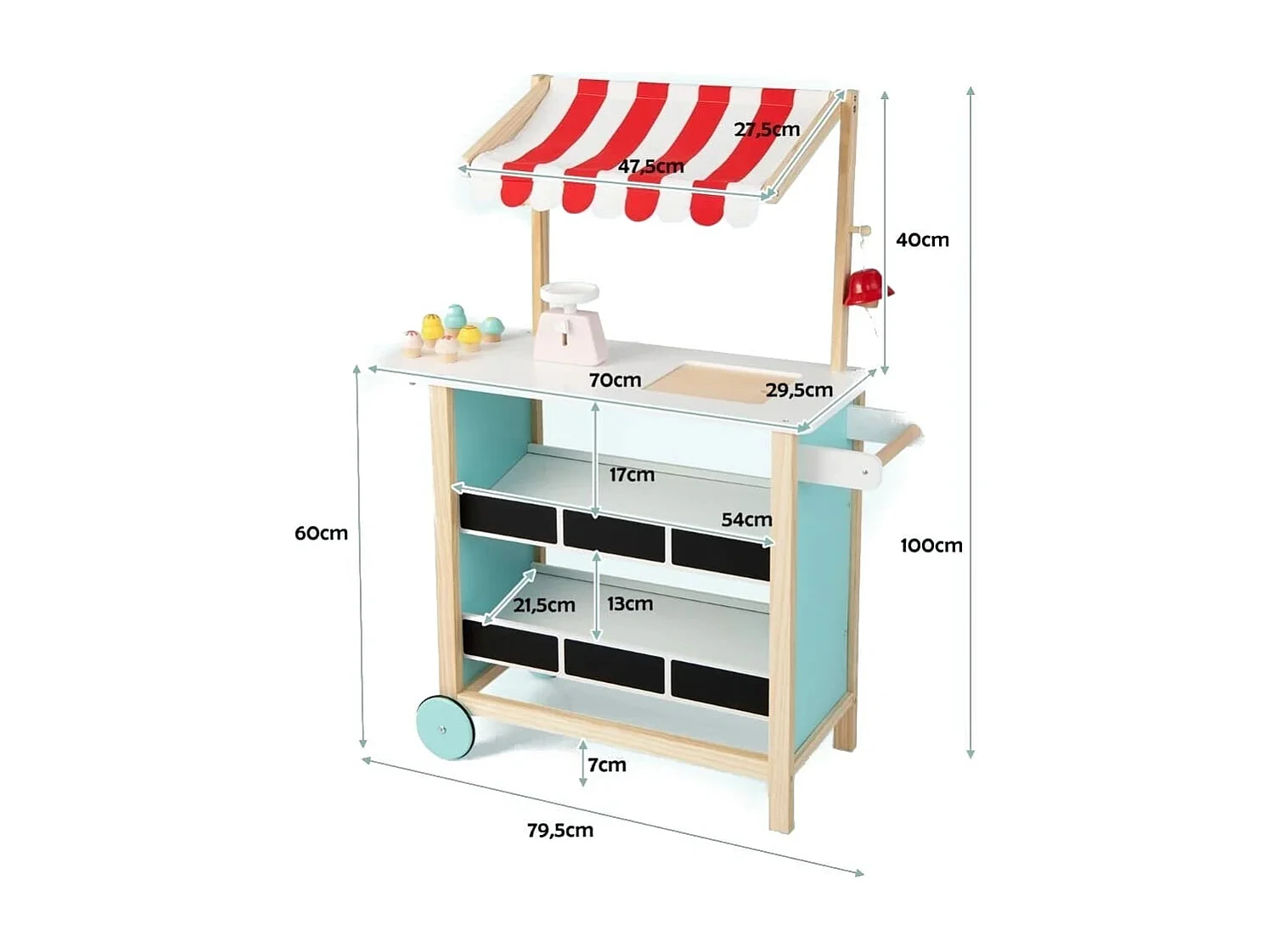 Marchande pour Enfant Chariot à Crème Glacée en Bois Grande Jouet d'Imitation pour Jeux de rôle 79x29,5x100cm Dès 3 Ans Rouge