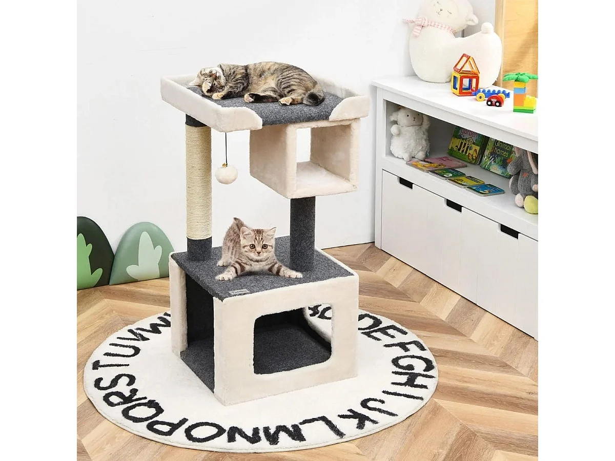 Kratzbaum klein Katzenkratzbaum Holz Katzenbaum stabil Kletterbaum weiß und grau 42x42x80cm