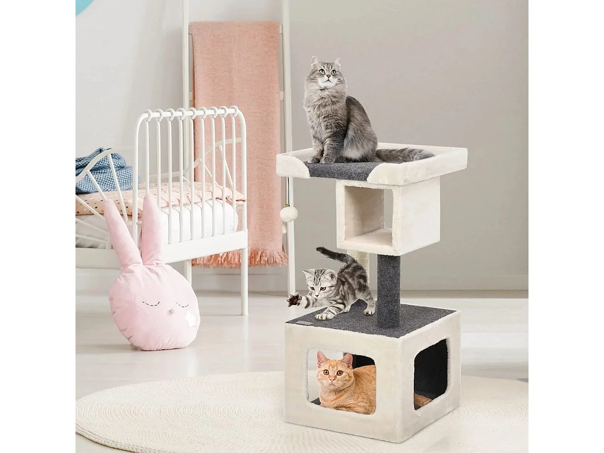 Kratzbaum klein Katzenkratzbaum Holz Katzenbaum stabil Kletterbaum weiß und grau 42x42x80cm