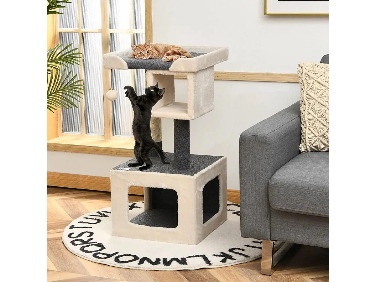 Kratzbaum klein Katzenkratzbaum Holz Katzenbaum stabil Kletterbaum weiß und grau 42x42x80cm