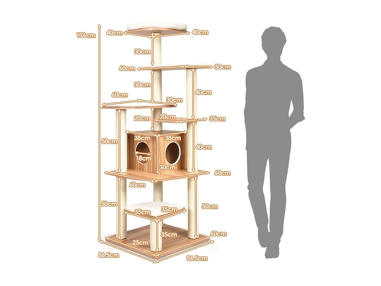 175cm Katzenbaum 6-stufiger Katzenkratzbaum Holz Kratzbaum Spielhaus mit Höhle und 5 Matten
