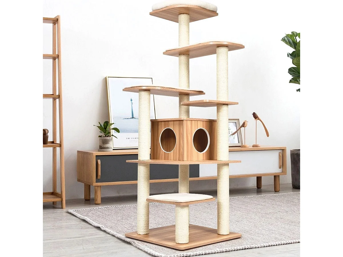 175cm Katzenbaum 6-stufiger Katzenkratzbaum Holz Kratzbaum Spielhaus mit Höhle und 5 Matten