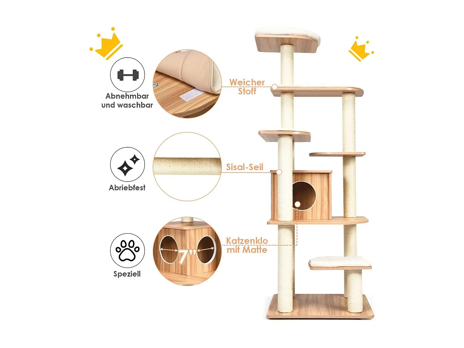 175cm Katzenbaum 6-stufiger Katzenkratzbaum Holz Kratzbaum Spielhaus mit Höhle und 5 Matten