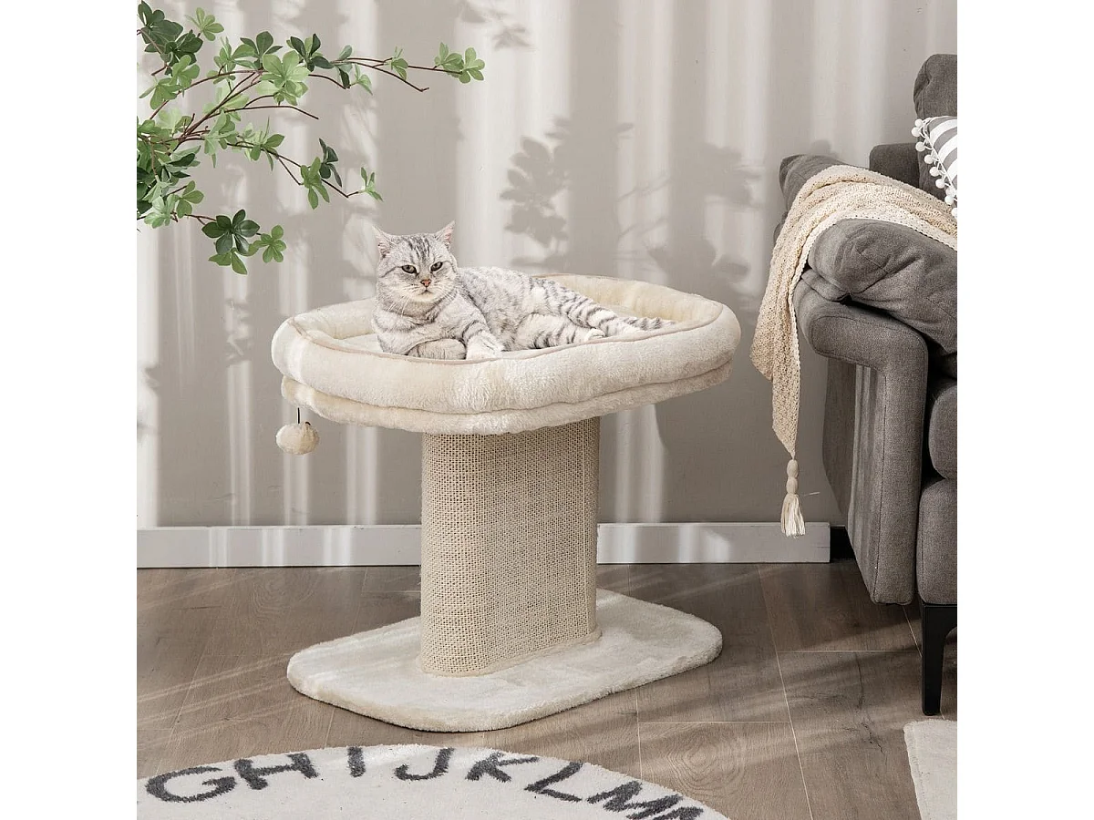 Moderner Kratzbaum Katzenmöbel mit großer Plüschsitzfläche & Sisal-Kratzplatte Beige