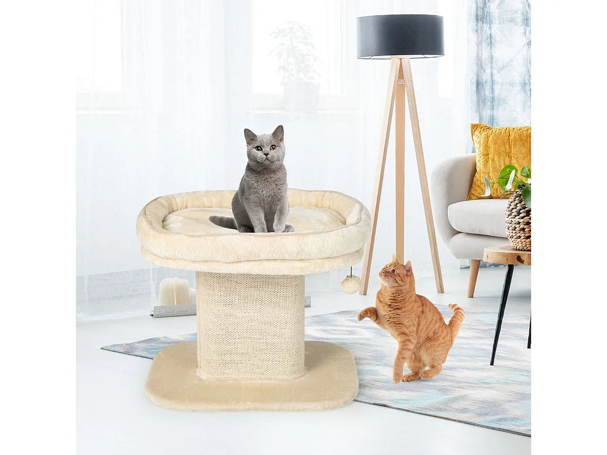 Moderner Kratzbaum Katzenmöbel mit großer Plüschsitzfläche & Sisal-Kratzplatte Beige