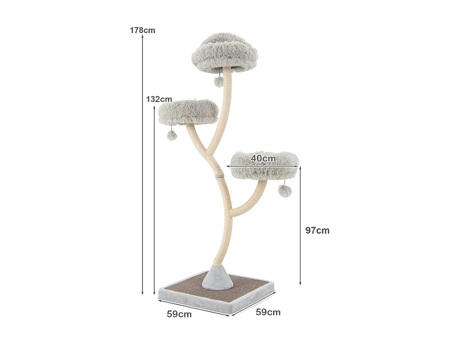 178 cm Katzenbaum mit Sisal-Kratzsäulen & 3 Warmen Liegeflächen & Plüschbälle Grau