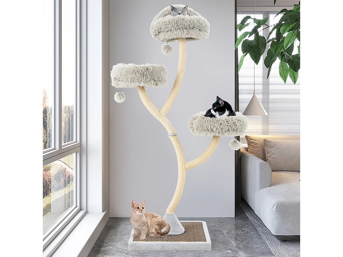 178 cm Katzenbaum mit Sisal-Kratzsäulen & 3 Warmen Liegeflächen & Plüschbälle Grau