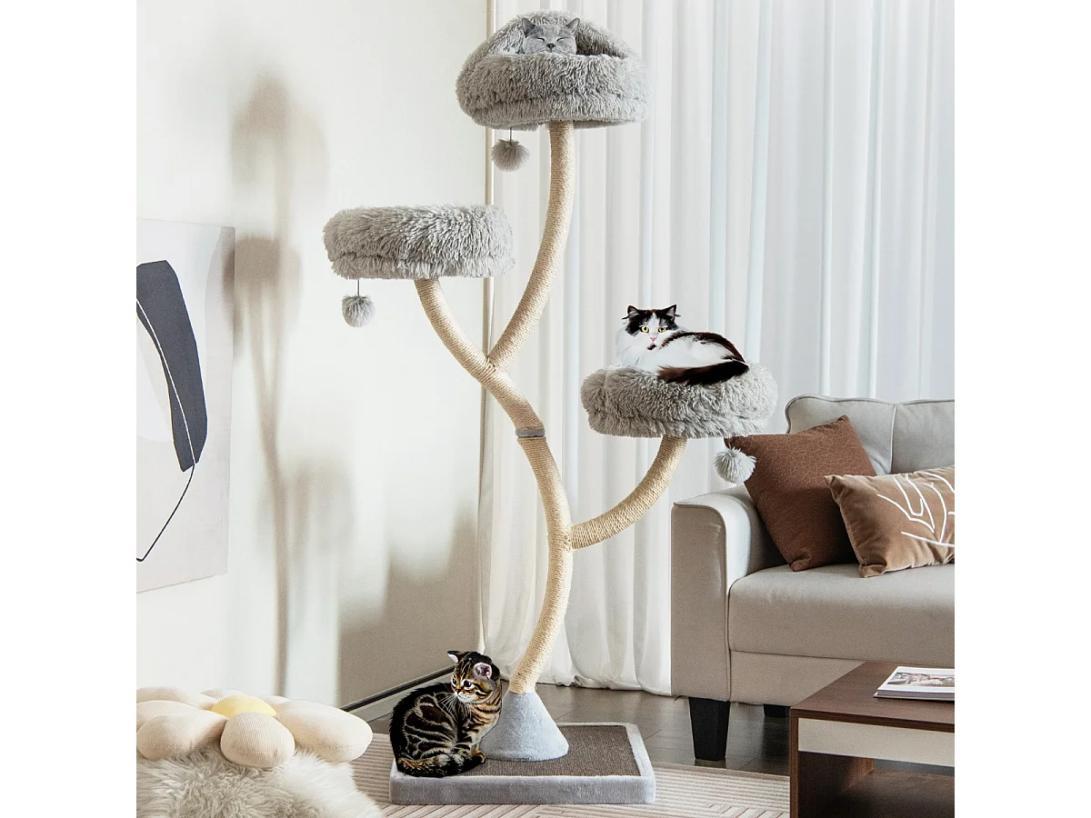 178 cm Katzenbaum mit Sisal-Kratzsäulen & 3 Warmen Liegeflächen & Plüschbälle Grau