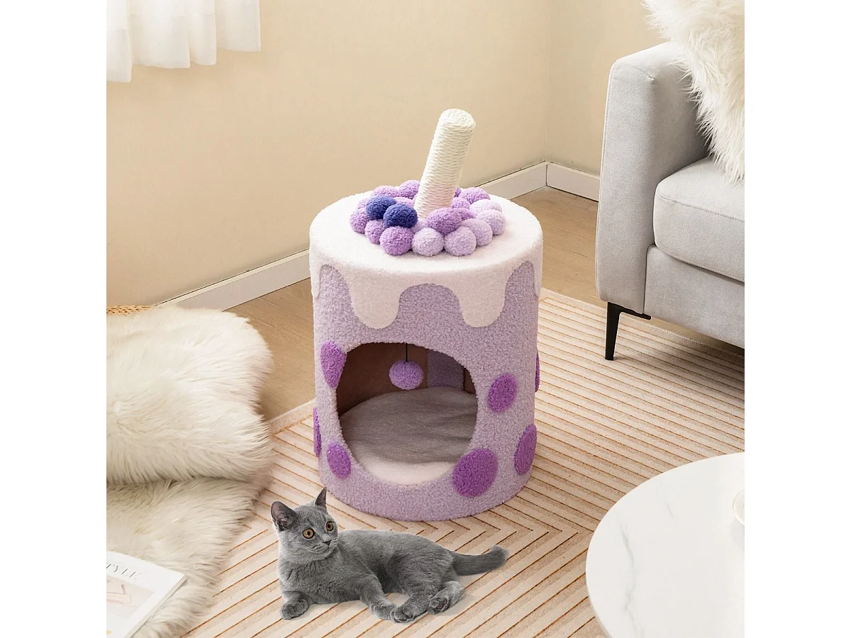 Kratzbaum Kratztonne in Milchteeform mit Sisalpfosten & baumelndem Ballspielzeug Lila