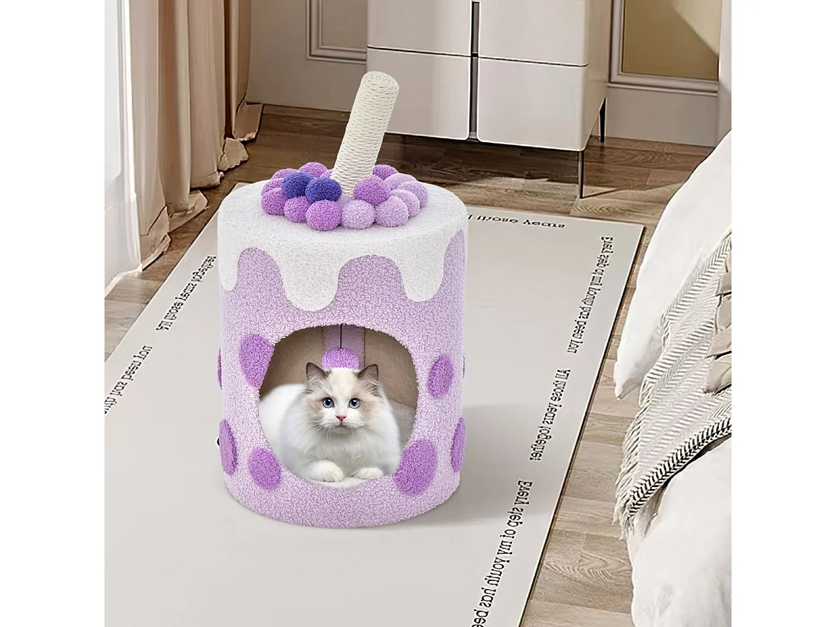 Kratzbaum Kratztonne in Milchteeform mit Sisalpfosten & baumelndem Ballspielzeug Lila