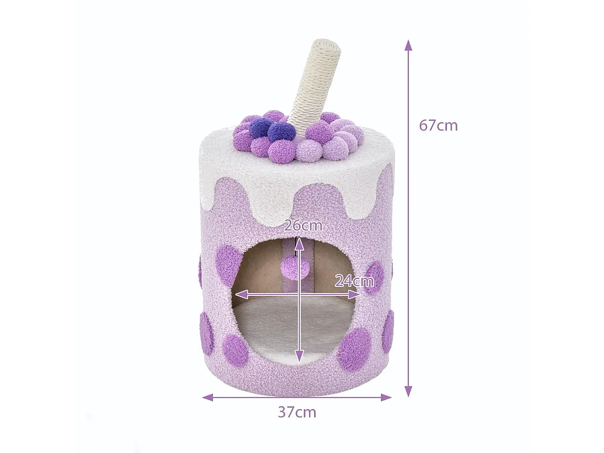 Tour d'Arbre à Chat Bubble Tea Condo Griffoir en Sisal Jouet Boule Pendante pour Chats d'Intérieur Centre d'Activité Mignon pour Chat Violet