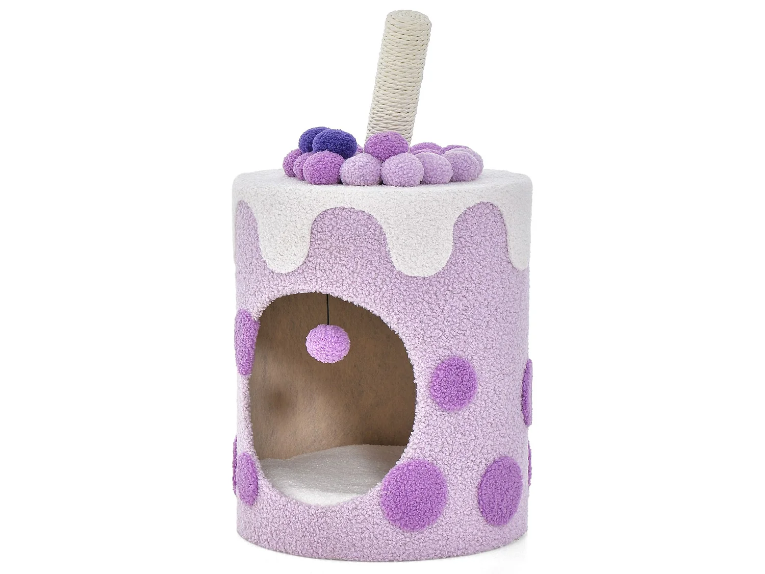 Tour d'Arbre à Chat Bubble Tea Condo Griffoir en Sisal Jouet Boule Pendante pour Chats d'Intérieur Centre d'Activité Mignon pour Chat Violet