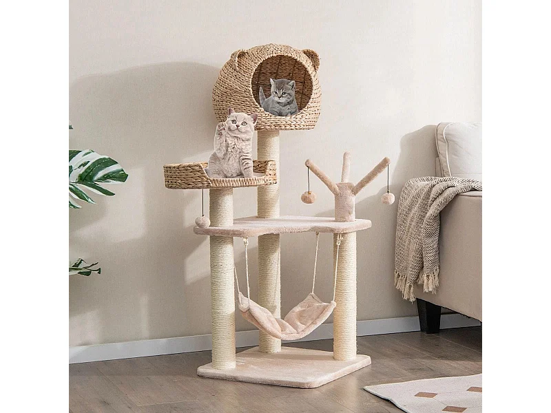 Torre per gatti alta 121cm con casetta in pelo grande letto amaca, Centro di attività per gattini Naturale