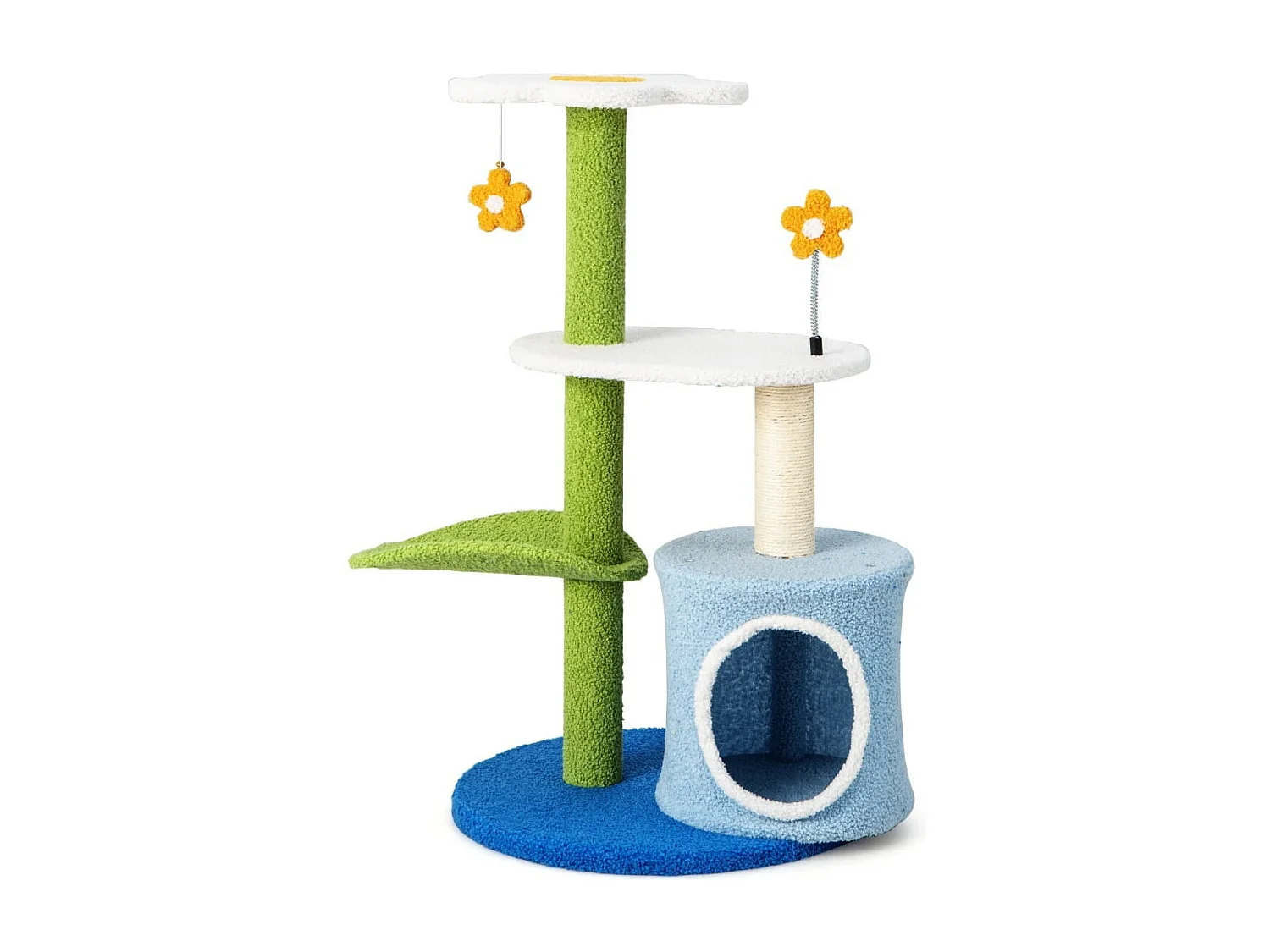 Klein Kratzbaum mit blumenförmiger Sitzfläche & 2 Bällen & blattförmiger Kletterturm Grün+Blau