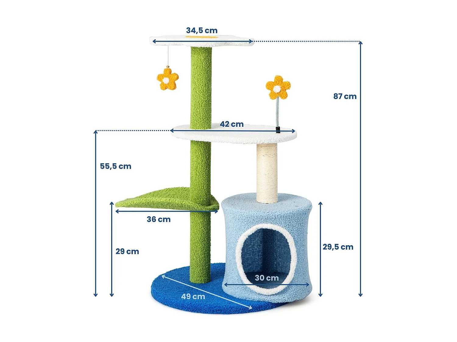 Klein Kratzbaum mit blumenförmiger Sitzfläche & 2 Bällen & blattförmiger Kletterturm Grün+Blau