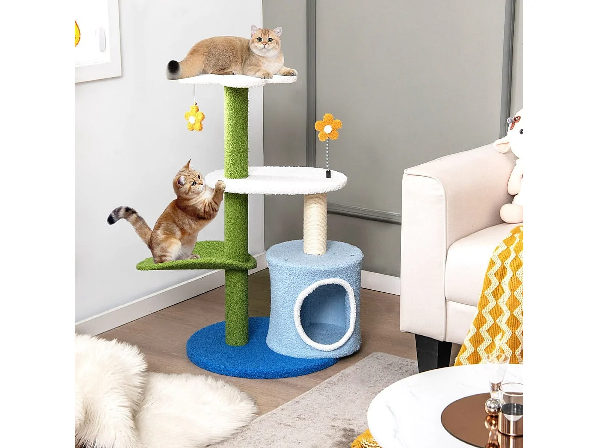 Klein Kratzbaum mit blumenförmiger Sitzfläche & 2 Bällen & blattförmiger Kletterturm Grün+Blau